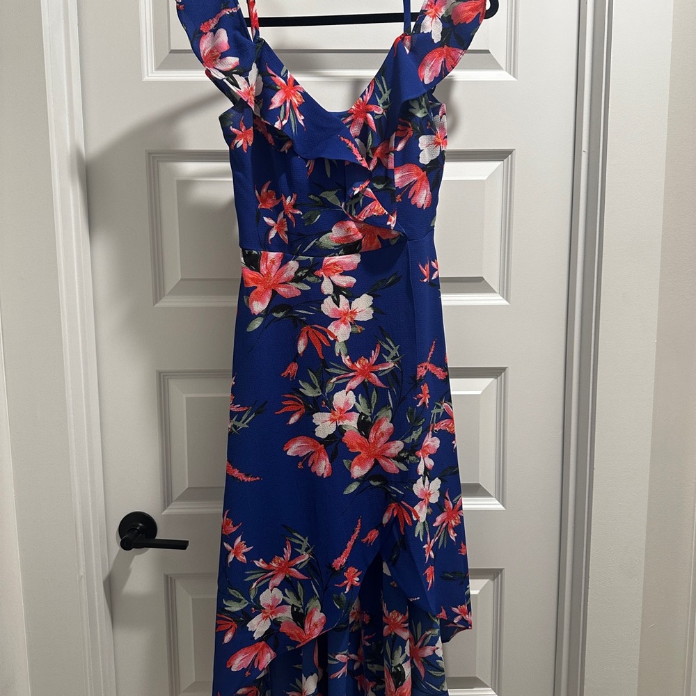 Floral Ruffle Strappy Dress in Royal Blue
